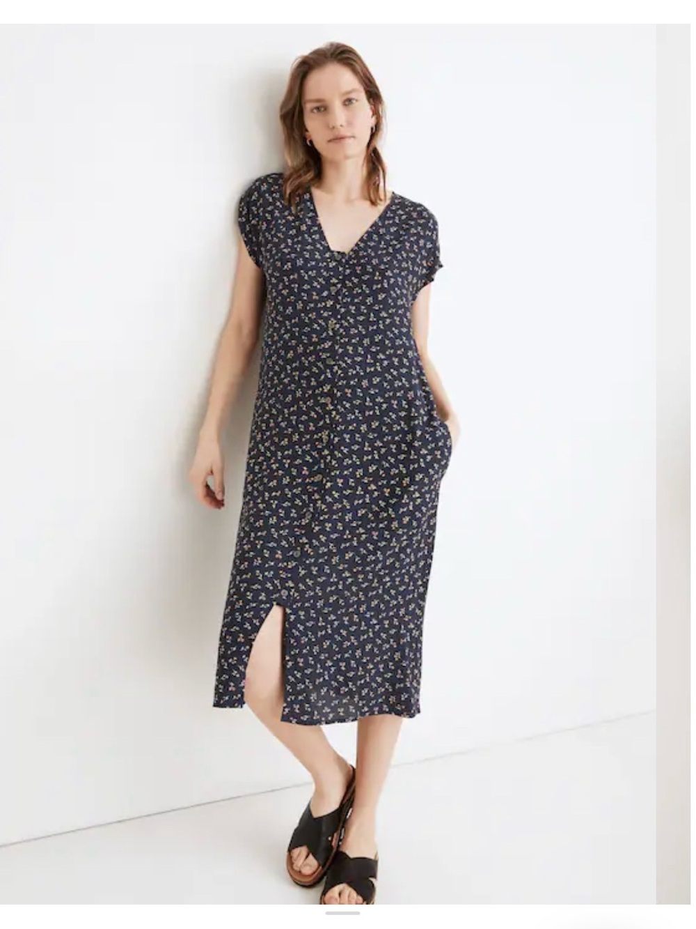 Madewell Navy Floral V-Neck Midi Dress with Front Slit